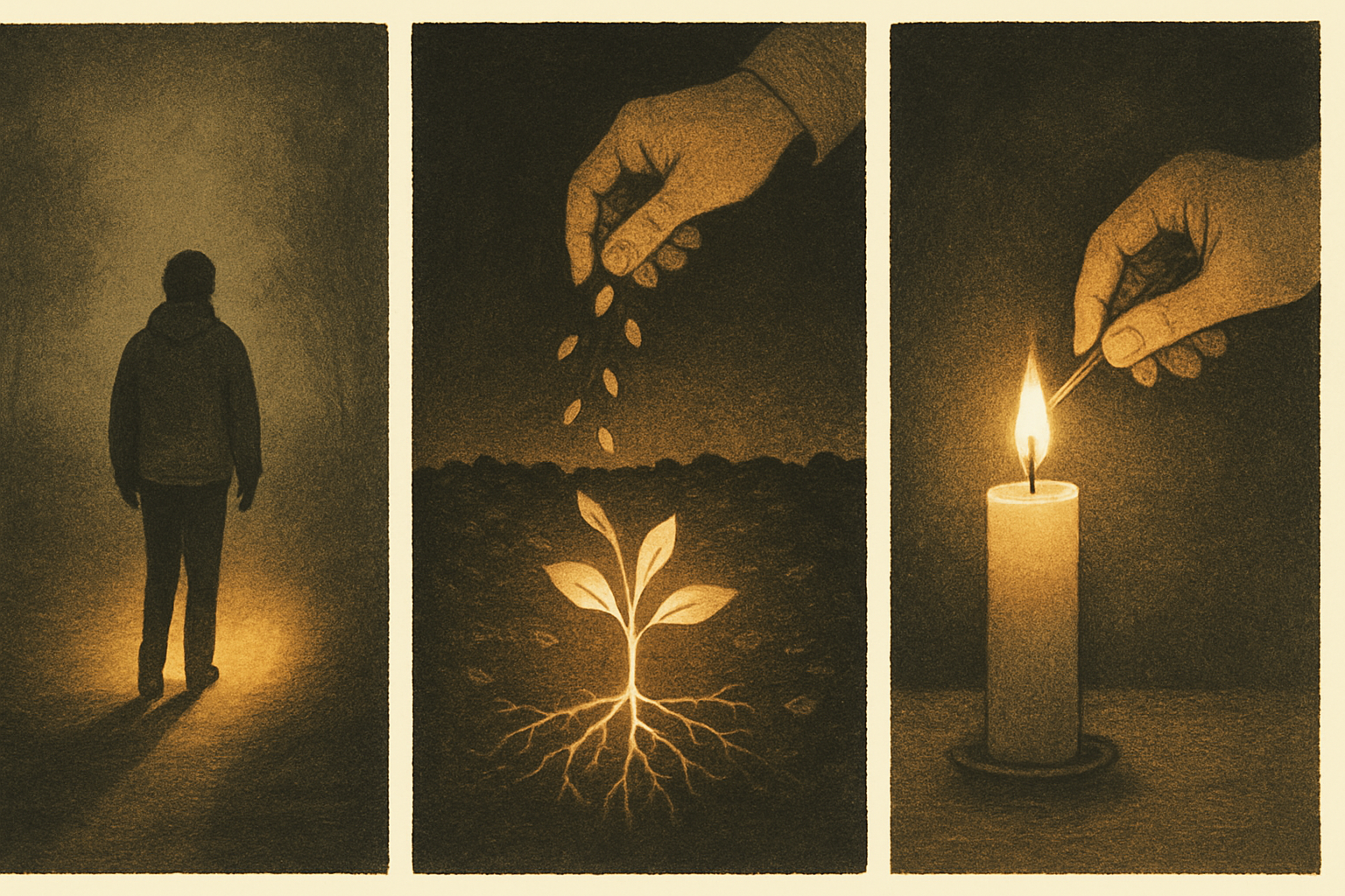 A warm, three-panel illustration symbolizing Christian faithfulness: a lone figure walking a dimly lit path, a hand scattering seeds as a glowing plant takes root, and a hand lighting a single candle—depicting obedience, stewardship, and trusting God amid uncertainty.